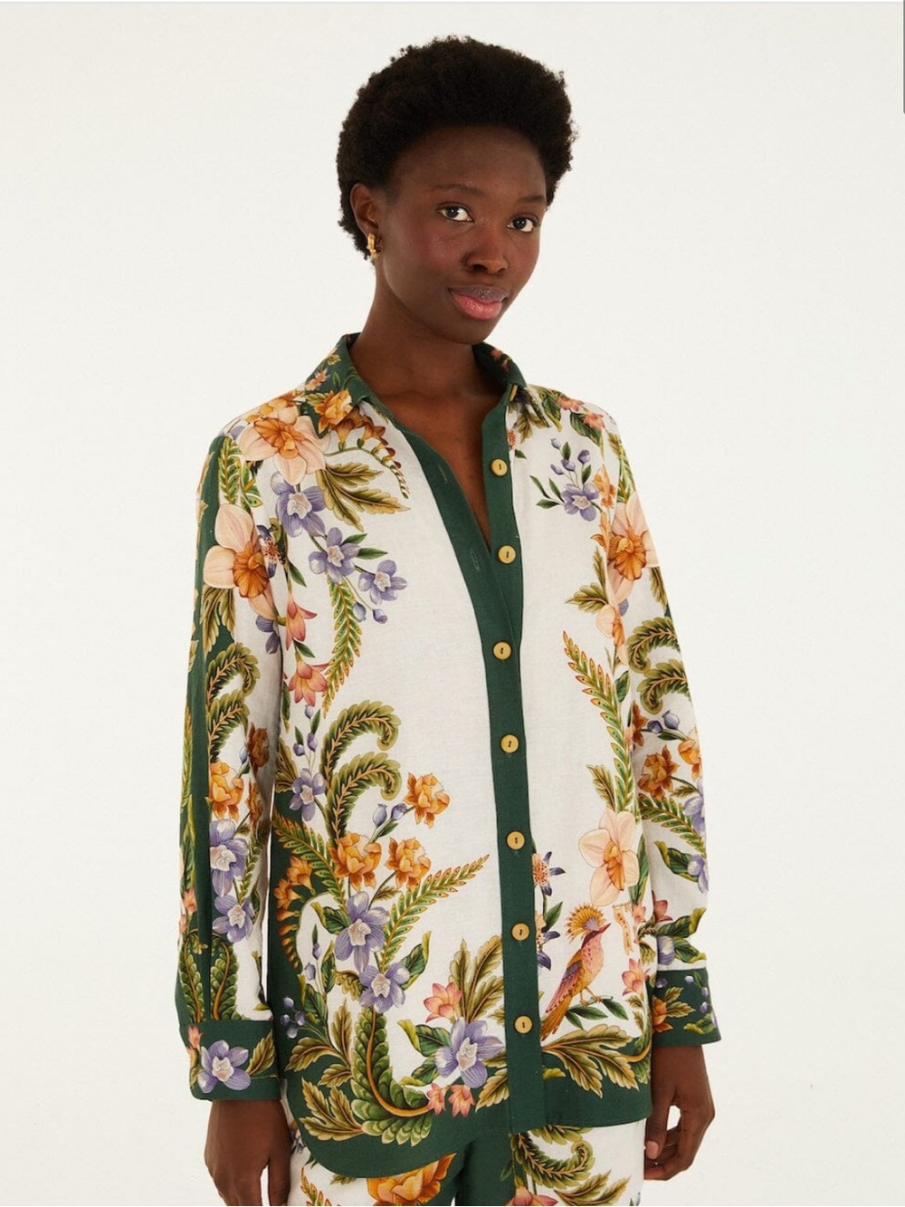 NWT Farm Rio Floral Button-Front Shirt in Green and Cream - Size M